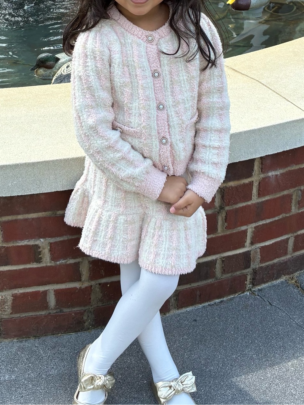 Isaac Mizrahi Pink and Cream Knit Cardigan and Skirt Set